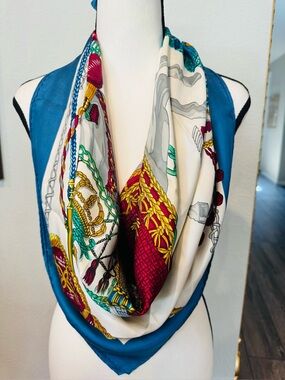 Authentic Hermes Le Timbalier  Silk Scarf in Blue, White, Green, Burgundy & Gold